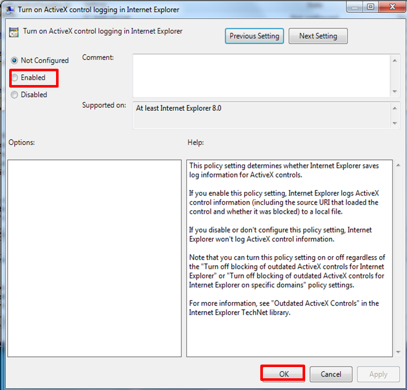 Turn on ActiveX Control Logging