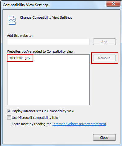 Figure 2 - Remove site from Compatibility View